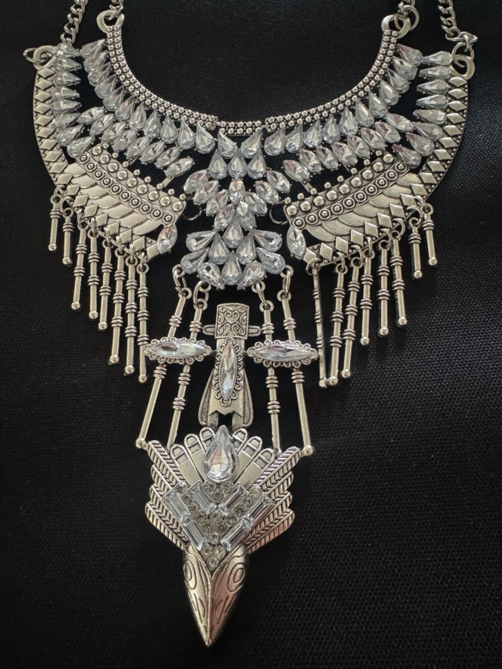 Silver Crystal Fringe Statement Necklace - Women Jewelry - Picture 4 of 13